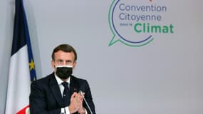 Le président Emmanuel Macron, lors d'un discours auprès des  membres de la Convention citoyenne pour le climat, le 14 décembre 2020, à Paris 