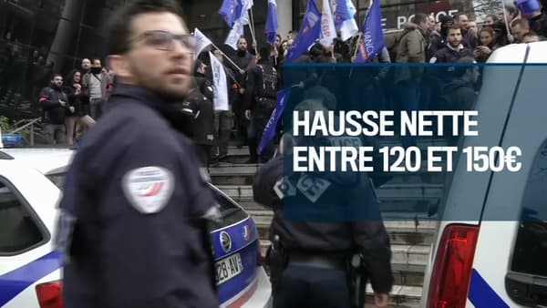 La hausse totale par mois en moyenne pour un gardien de la paix et pour un haut gradé La hausse totale par mois en moyenne pour un gardien de la paix et pour un haut gradé