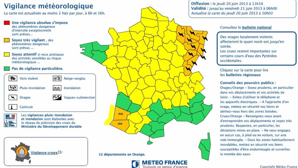 Alerte orange pour orages dans le Nord-Est, et pour crues dans le Sud-Ouest.