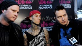Le groupe blink-182 formé par Tom DeLonge, Travis Barker et Mark Hoppus le 23 mai 2011 à Hollywood.