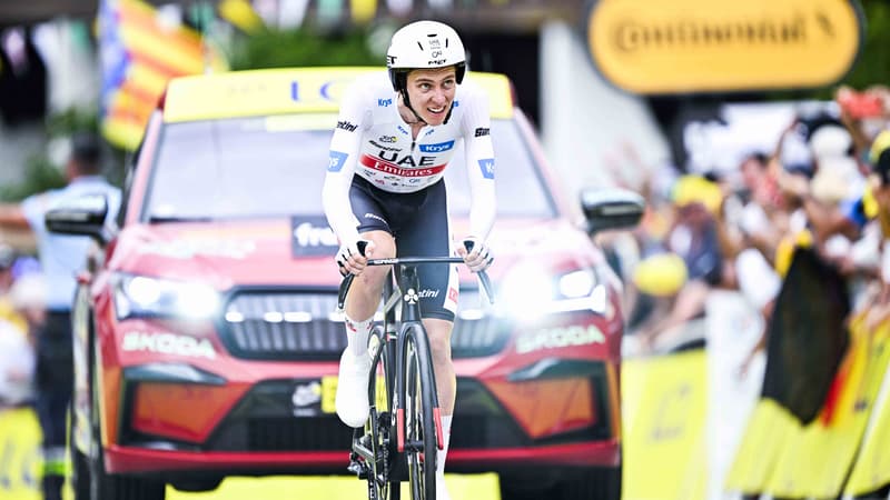 Tadej Pogacar lors de l'arrivée du contre-la-montre à Combloux sur le Tour de France, le 18 juillet 2023