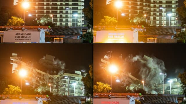 Explosion contrôlée de l'immeuble Champlain South tower, à Surfside près de Miami, le 4 juillet 2021