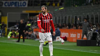 Théo Hernandez lors du match Inter-AC Milan (0-3, Coupe d'Italie), le 23 avril 2025