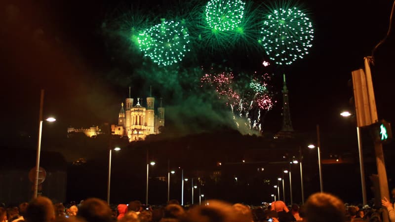 Des feux d'artifice éclatent le 14 juillet 2014 au-dessus de la colline de Fourvière, à Lyon, dans le cadre des célébrations annuelles du 14-Juillet en France.