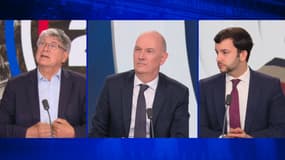 Éric Coquerel, Roland Lescure et Jean-Philippe Tanguy lors du débat organisé par BFMTV le lundi 17 juin, sur le programme économique des trois blocs face à face lors des élections législatives 