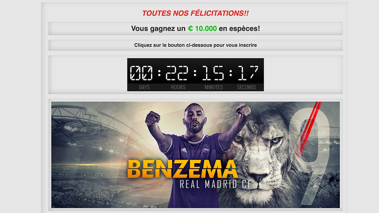 Site d'arnaque mettant en scène l'image de Karim Benzema