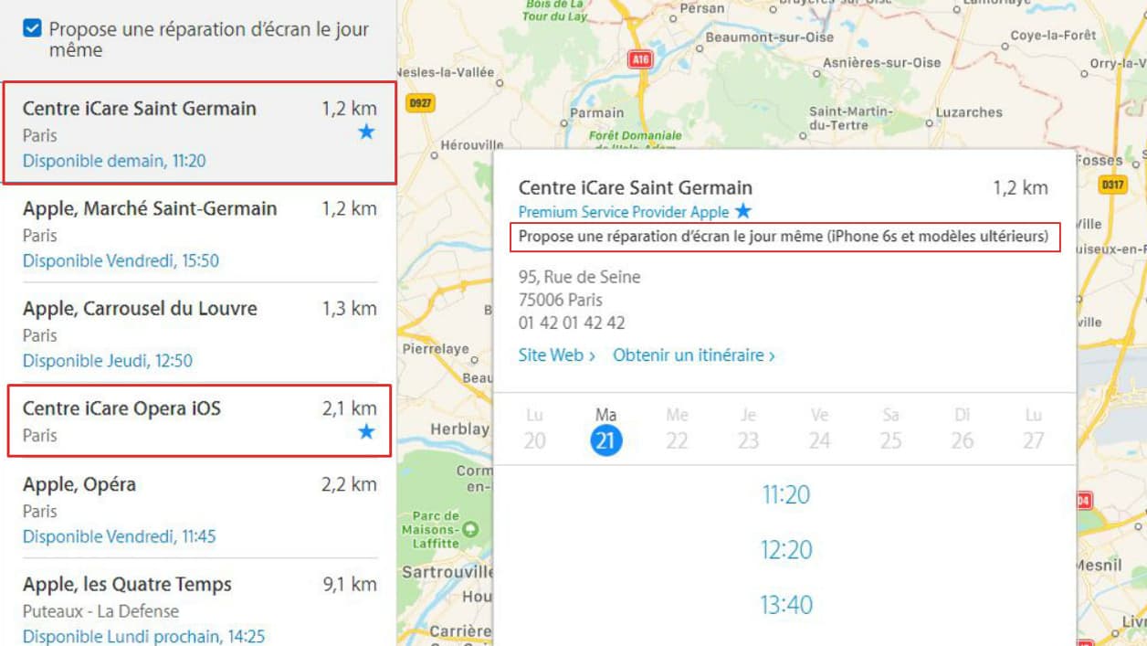Les centres de réparation iCare sont répertoriés comme proposant "une réparation d'écran le jour même" Les centres de réparation iCare sont répertoriés comme proposant "une réparation d'écran le jour même"