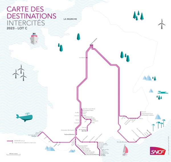 Carte du réseau Intercités de la SNCF, les lignes de nuit sont en violet