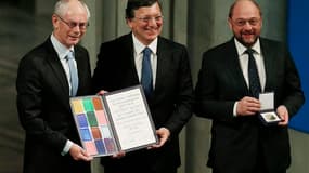 De gauche à droite, Herman Van Rompuy, président du Conseil européen, José Manuel Barroso, président de la Commission européenne et Martin Schulz, président du Parlement européen. Les représentants de trois des principales institutions européennes ont reç