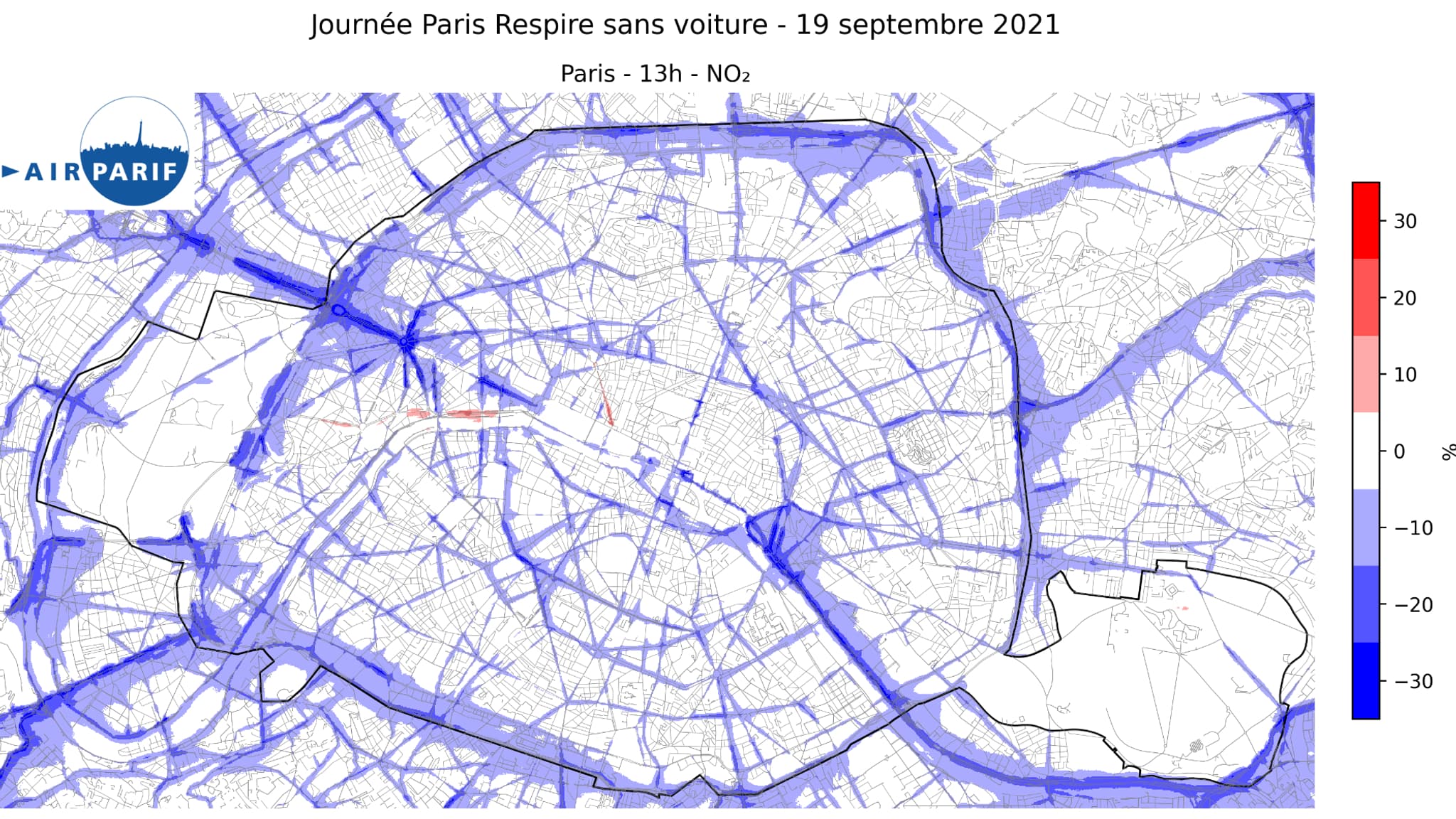 Carte du site Airparif des variations des niveaux de dioxyde d'azote entre le dimanche 19 septembre de la journée sans voiture et un dimanche normal (de 13h à 14h). Le bleu représente les baisses et le rouge les augmentations. 
