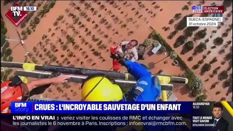 Inondations en Espagne: le sauvetage en hélicoptère d'un enfant de un an dans une zone inondée de la région de Valence