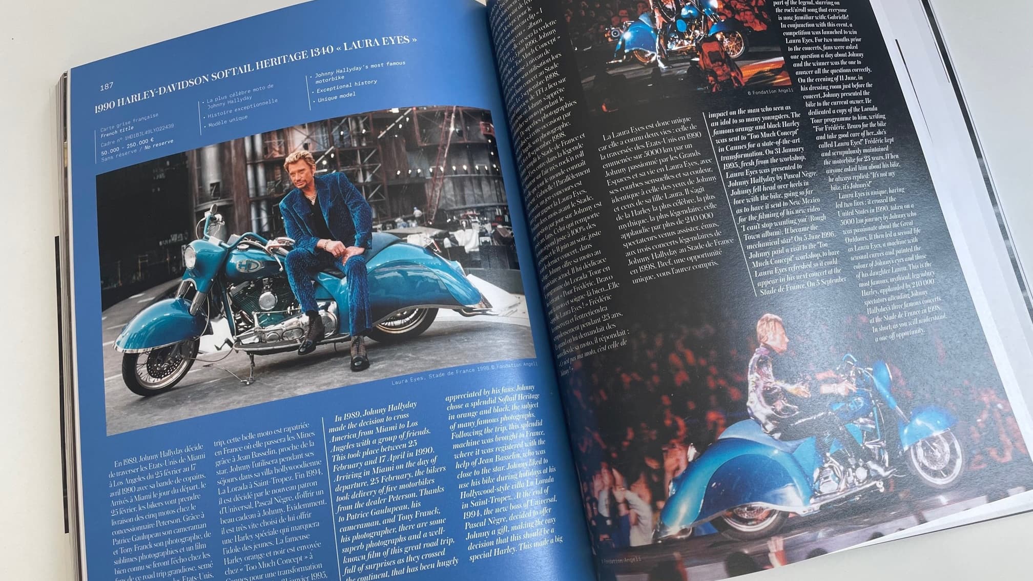 Estimée entre 50.000 et 250.000 euros, cette Harley a été pilotée par Johnny Hallyday en 1998 lors du concert au Stade de France Estimée entre 50.000 et 250.000 euros, cette Harley a été pilotée par Johnny Hallyday en 1998 lors du concert au Stade de France