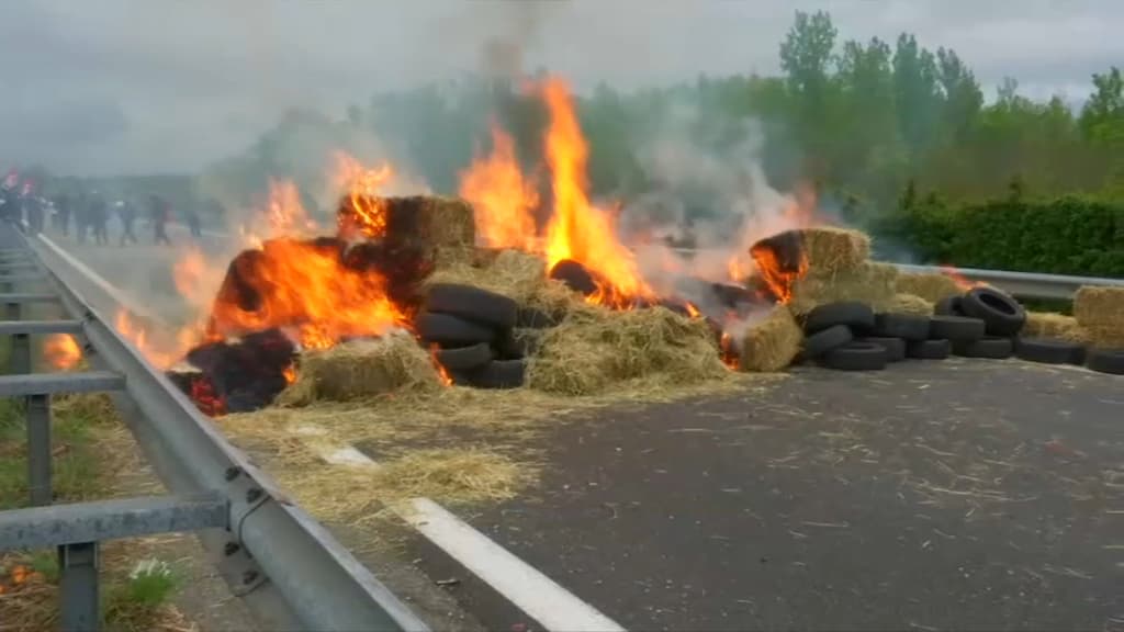 Des militants érigent un mur pour protester contre le projet d'autoroute A69, des bottes de paille et des pneus également incendiés