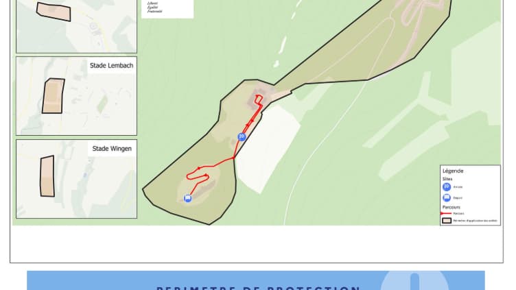 Périmètre de protection validé par la préfecture du Bas-Rhin à Lembach-Château de Fleckenstein pour ce mercredi 26 juin, jour de passage de la flamme olympique.