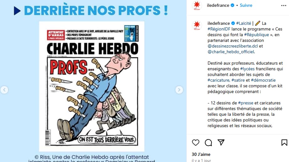 Couverture de Charlie Hebdo, après l'attentat terroriste contre un professeur à Arras.