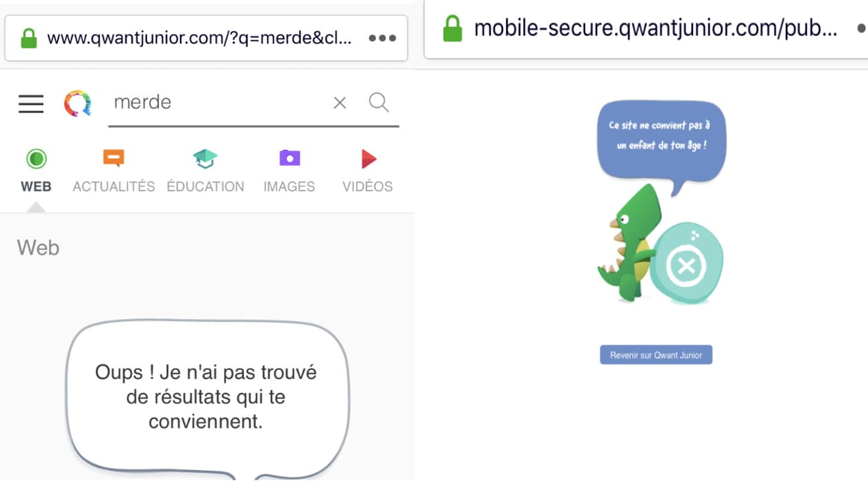 A gauche, la page affichée lors de la recherche d'un gros-mot et à droite, le message pour un site avec du contenu pornographique