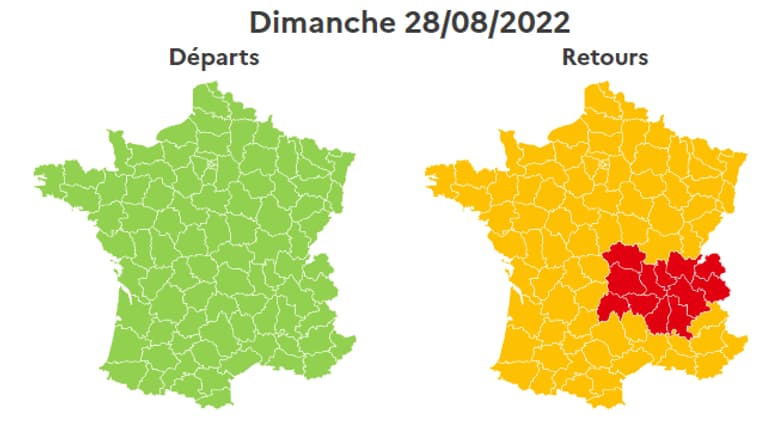 Journée plus calme dimanche, avec une journée classée rouge uniquement en Auvergne-Rhône-Alpes. Journée plus calme dimanche, avec une journée classée rouge uniquement en Auvergne-Rhône-Alpes.