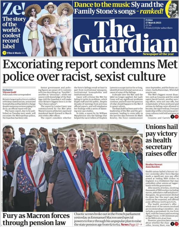 The front page of the Guardian on March 17, 2023 