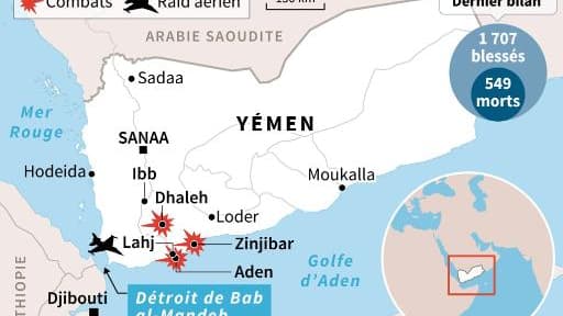 Carte de localisation des derniers raids et combats au Yémen, réalisée le 6 avril 2015