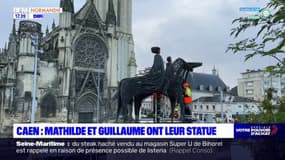 Caen: les statues de Guillaume le Conquérant et Mathilde de Flandre en cours d'installation