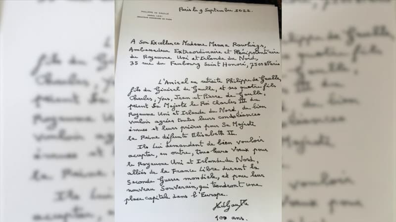 DOCUMENT BFMTV - la lettre de condoléances de l'amiral Philippe de Gaulle, fils du Général, au roi Charles III