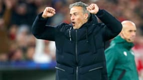 La joie de Luis Enrique, entraîneur du PSG, lors de la qualification pour les barrages de la Ligue des champions, 29 janvier 2025