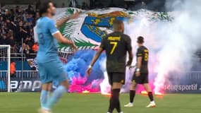Des fumigènes lancés sur la pelouse lors de Troyes-PSG