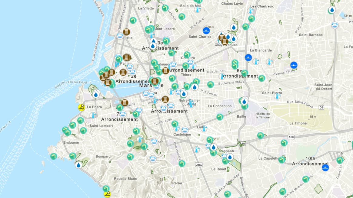 Les zones de fraicheur à Marseille.