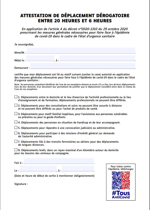 L'attestation pour le couvre-feu mis en place à partir du 15 décembre.