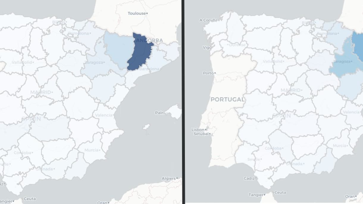 Taux d'incidence du coronavirus en Espagne la semaine du 6 au 12 juillet (à gauche) et la semaine du 13 au 19 juillet (à droite). Taux d'incidence du coronavirus en Espagne la semaine du 6 au 12 juillet (à gauche) et la semaine du 13 au 19 juillet (à droite).