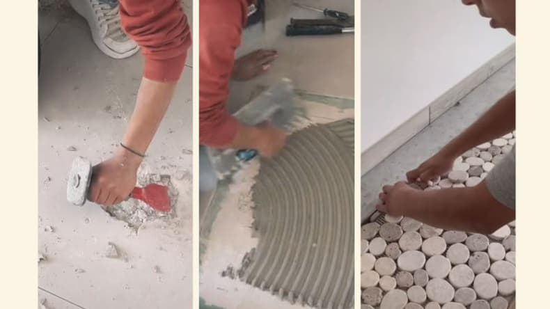 Kelly Cruz en train de casser, coller ou encore poser du carrelage.