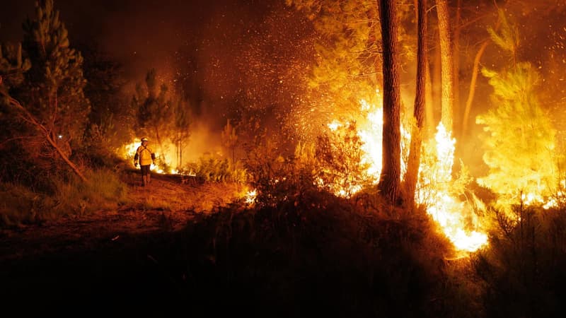 Un pompier combat les flammes en Gironde, le 17 juillet 2022