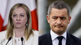 La présidente du Conseil des ministres italien Giorgia Meloni, le 20 février à Varsovie, et le ministre de l'Intérieur français Gérald Darmanin, le 31 mars à Paris.