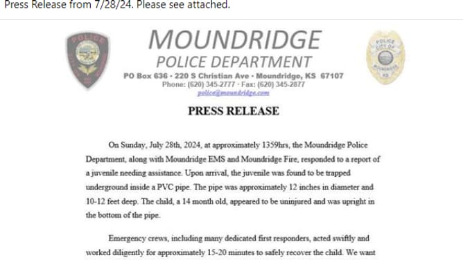 Capture de la déclaration de la police de Moundridge sur Facebook le 30 juillet 2024. 