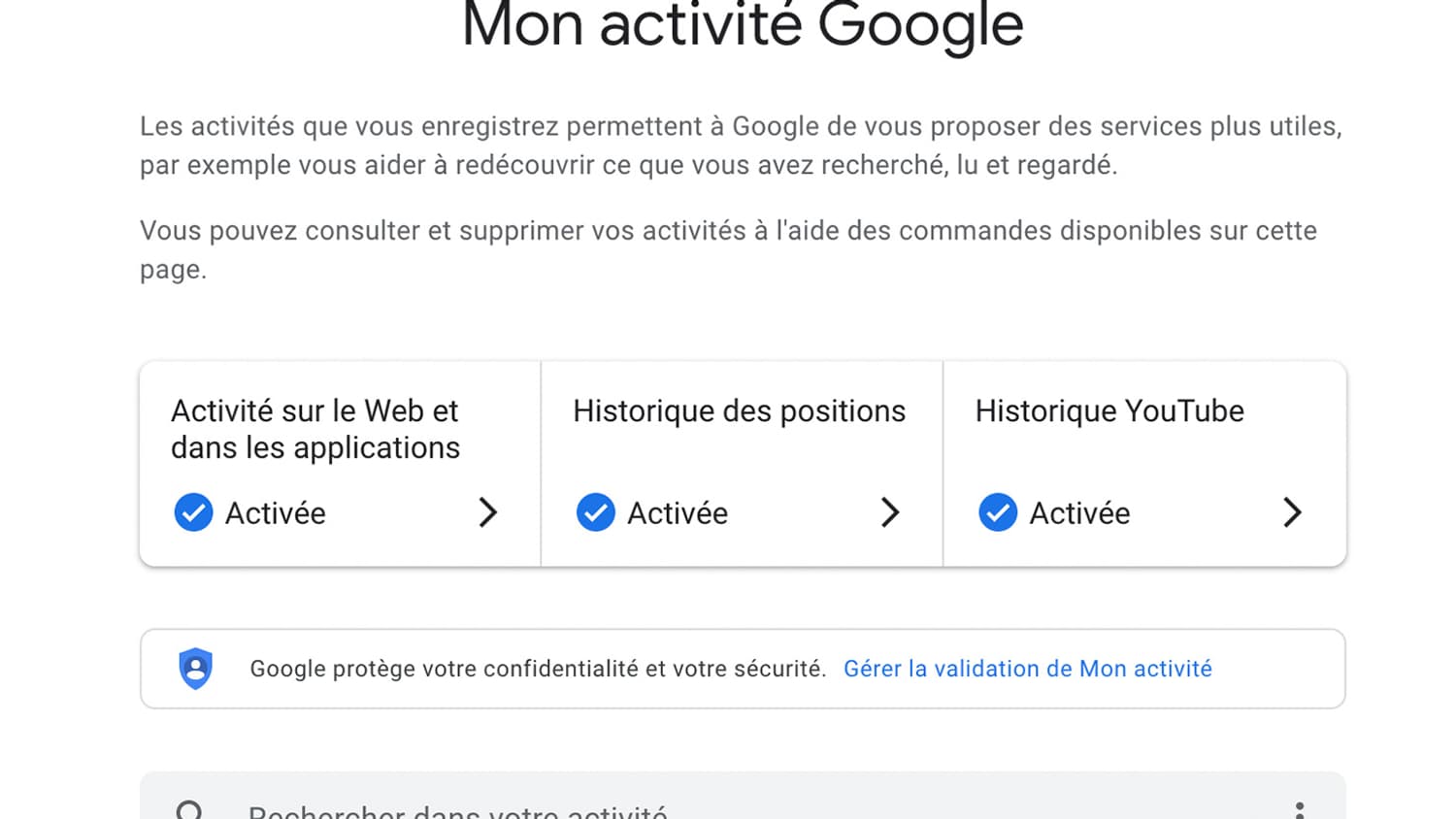 La page "My Activity" de Google