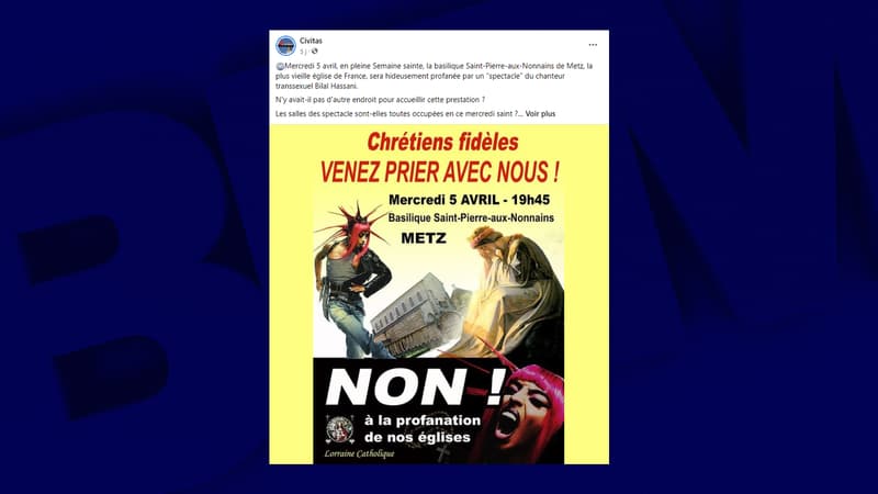 L'affiche de Lorraine Catholique relayée par Civitas sur Facebook, dénonçant la venue de Bilal Hassani à Metz.