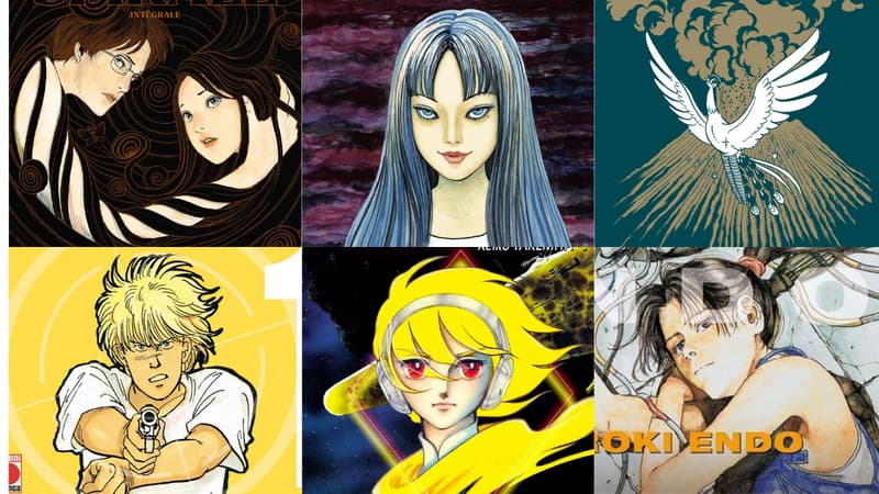 Couvertures des mangas "Spirale", Tomie", Phénix", Banana Fish", "Destination Terra" et "Eden"
