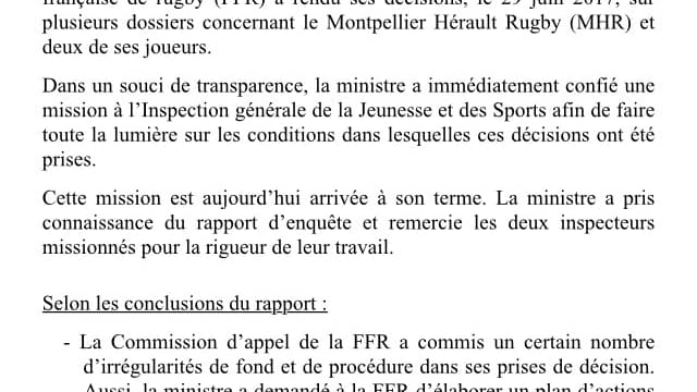 Le communiqué du ministère des Sports Le communiqué du ministère des Sports