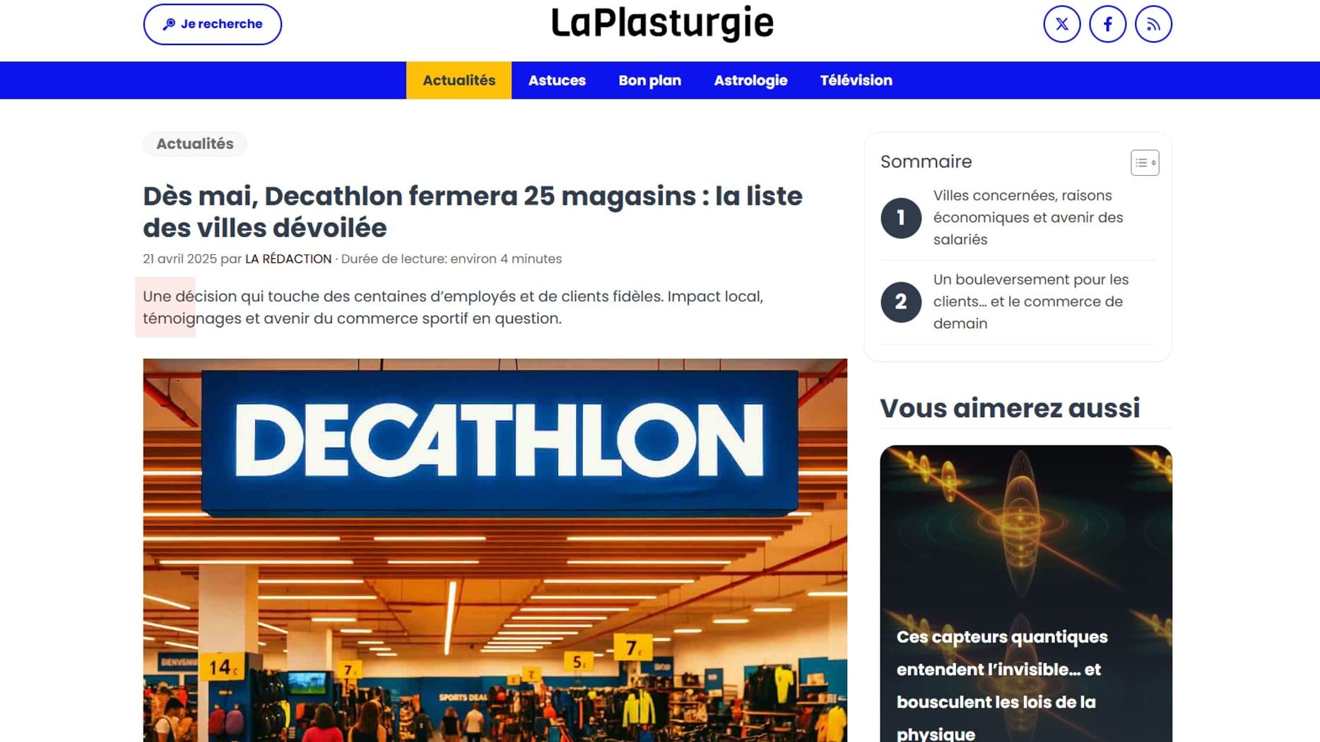 Capture d'écran de la fausse information concernant la prétendue fermeture de 25 magasins Decathlon, sur le site LaPlasturgie.fr