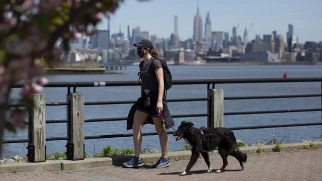 Une femme promenant son chien en portant un masque à Jersey City, près de New York.