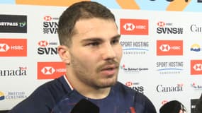 Antoine Dupont en zone mixte après son premier essai avec l'équipe de France de rugby à 7, 24 février 2024