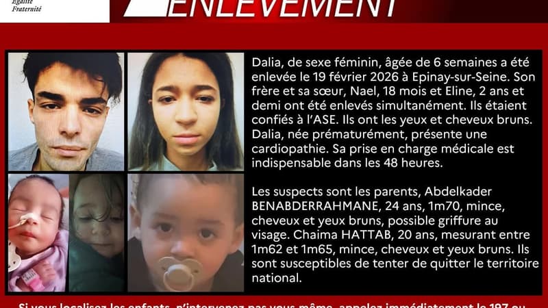 Une alerte enlèvement déclenchée après la disparation de Dalia, 6 mois, Naël, 18 mois, et Eline, 2 ans, en Seine-Saint-Denis