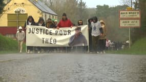 Environ un millier de personnes demandent justice pour Théo Stephan, renversé par une voiture en 2019, lors d'une marche blanche à Landéda dans le Finistère, le 8 janvier 2023
