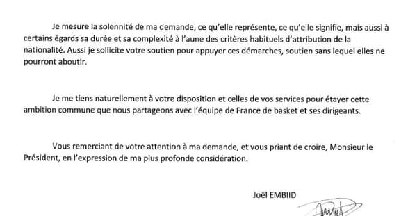 La lettre de Joël Embiid à Emmanuel Macron pour obtenir la nationalité française (partie 2)