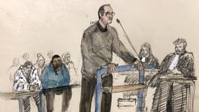 Un croquis d'audience réalisé le 9 janvier 2024 à la cour d'assises de Bobigny, près de Paris, montre le policier de Seine-Saint-Denis Marc-Antoine Castelain lors du premier jour du procès sur l'arrestation violente en 2017 à Aulnay-sous-Bois de Théo Luhaka. 