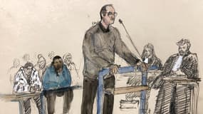 Un croquis d'audience réalisé le 9 janvier 2024 à la cour d'assises de Bobigny, près de Paris, montre le policier de Seine-Saint-Denis Marc-Antoine C. lors du premier jour du procès sur l'arrestation violente en 2017 à Aulnay-sous-Bois de Théo Luhaka. 