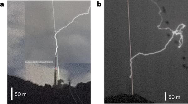 Images de caméras filmant la trajectoire de l'éclair avec la présence du laser, le 24 juillet 2021, à Schwaegalp en Suisse (photo de gauche) et à Kronberg en Allemagne (photo de droite)