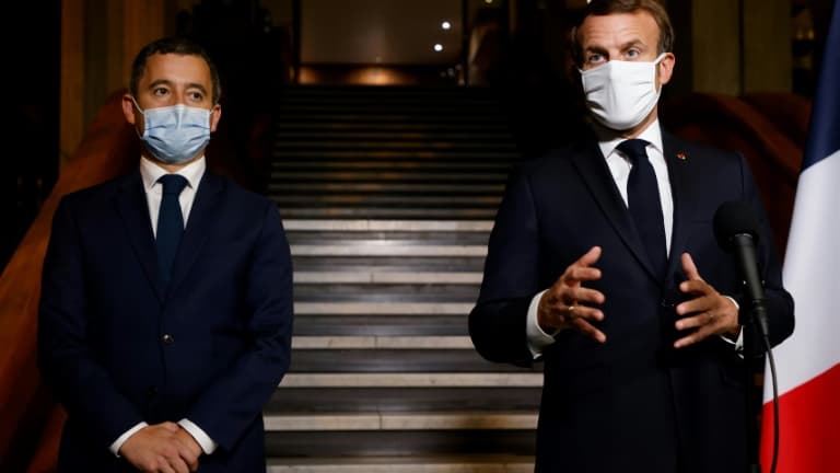 Gérarld Darmanin et Emmanuel Macron à Bobigny le 20 octobre 2020