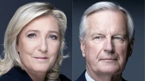 Marine Le Pen le 11 mai 2021 à Paris et Michel Barnier à Paris le 20 octobre 2021.