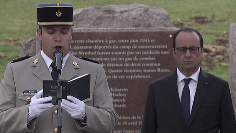 François Hollande sur le site de l'ancien camp de concentration du Struthof, en Alsace, le 25 avril 2015.